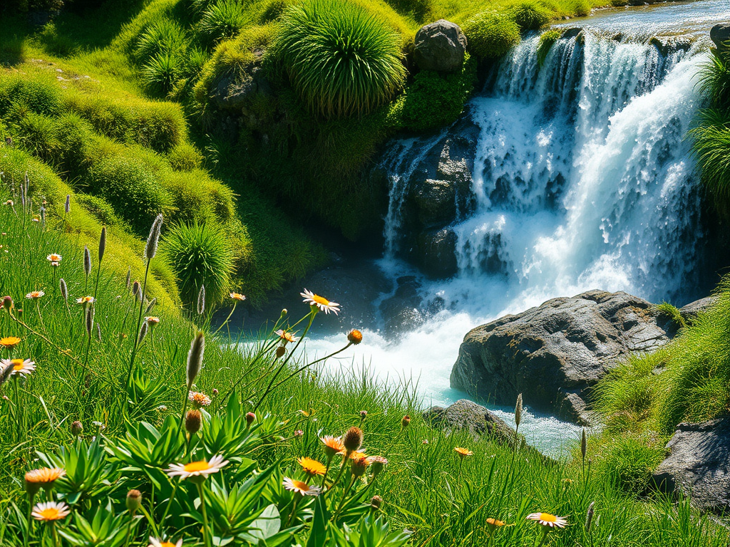 Waterfall and a field with flowers on a sunny day